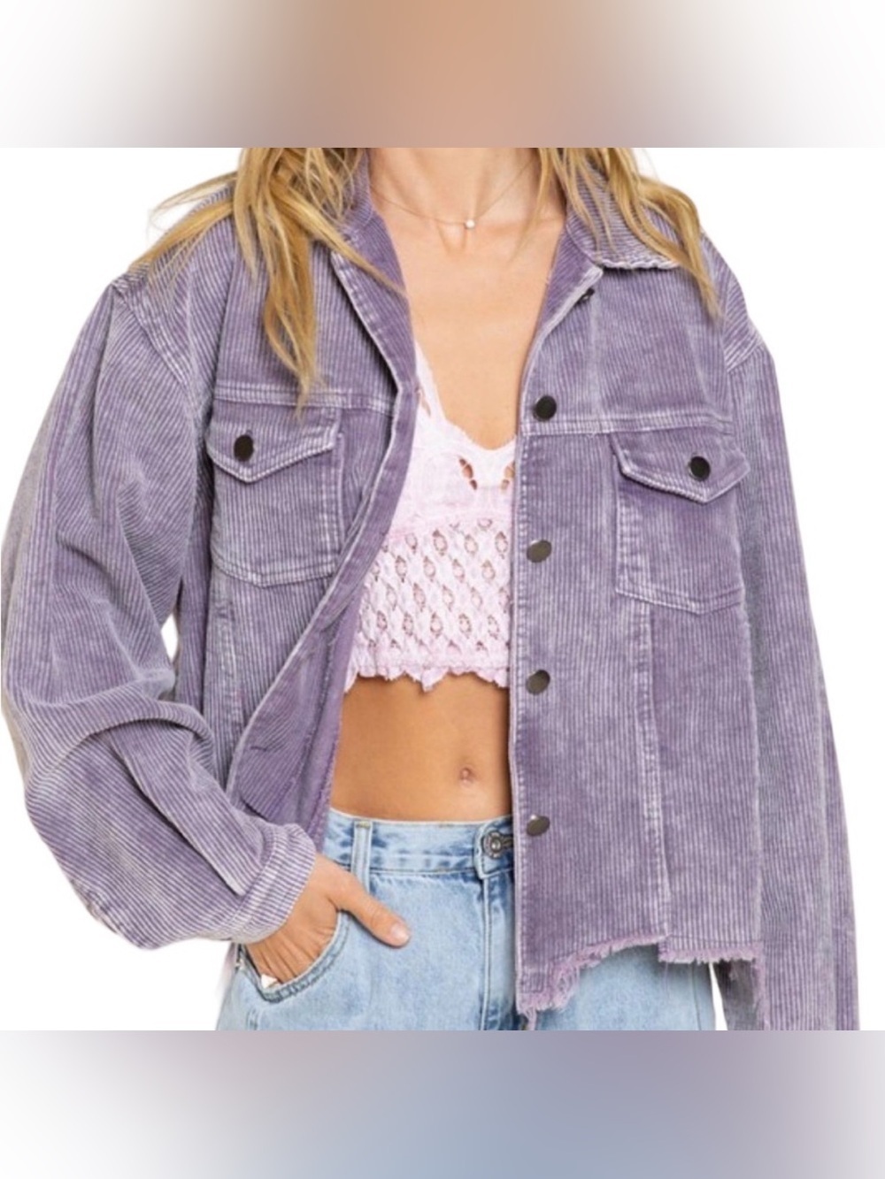 POL Cropped Corduroy Distressed Trucker Jacket